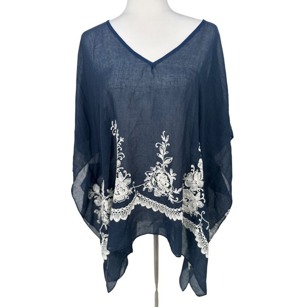 Avenue Kimono Poncho Top Women OS Blue Floral Embroidered V-Neck Boho Casual